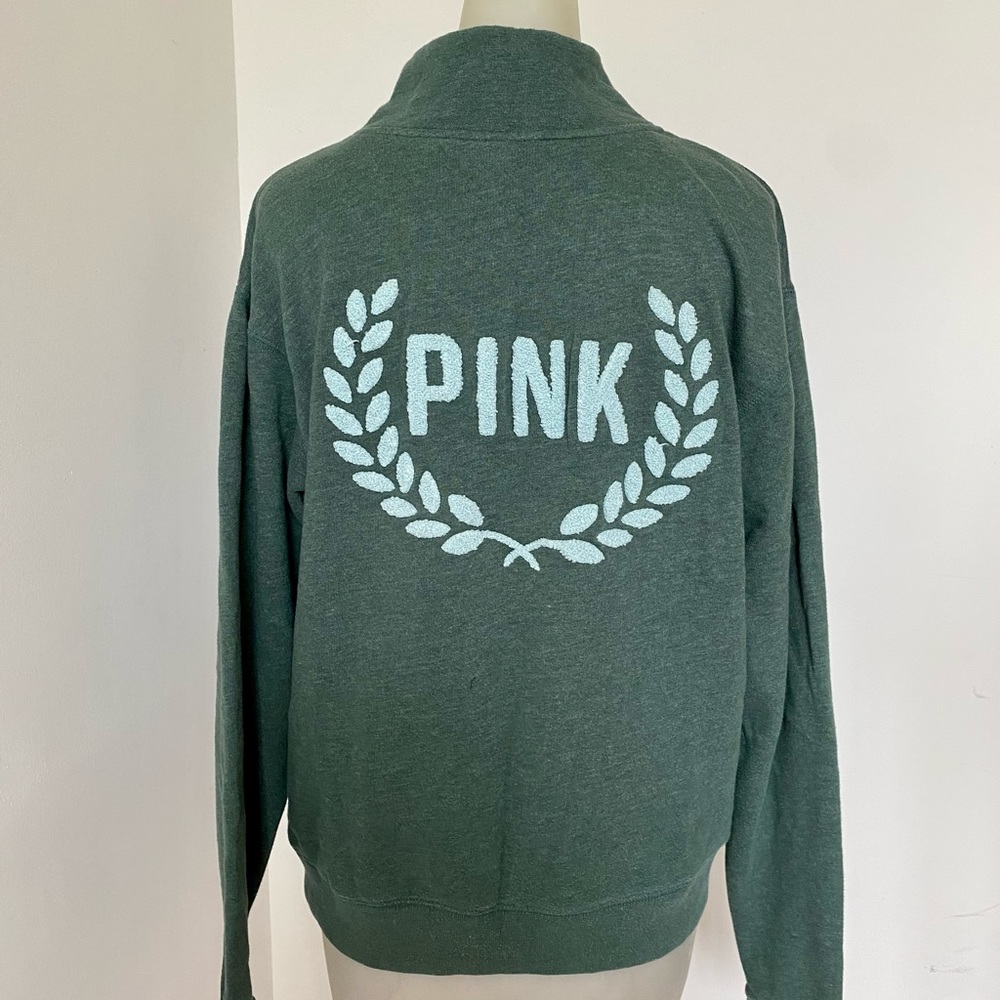 Victoria’s Secret PINK Cozy Green Logo Quarter Zip Sweatshirt Size Small Lounge